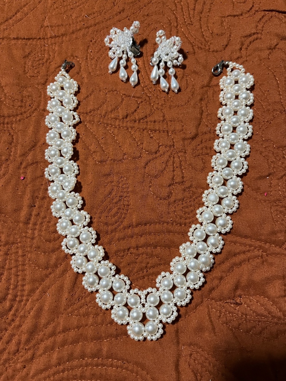 Vintage Woven Pearl “V”Necklace & Earrings (clip)Set - Bridal Jewelry 16” neck